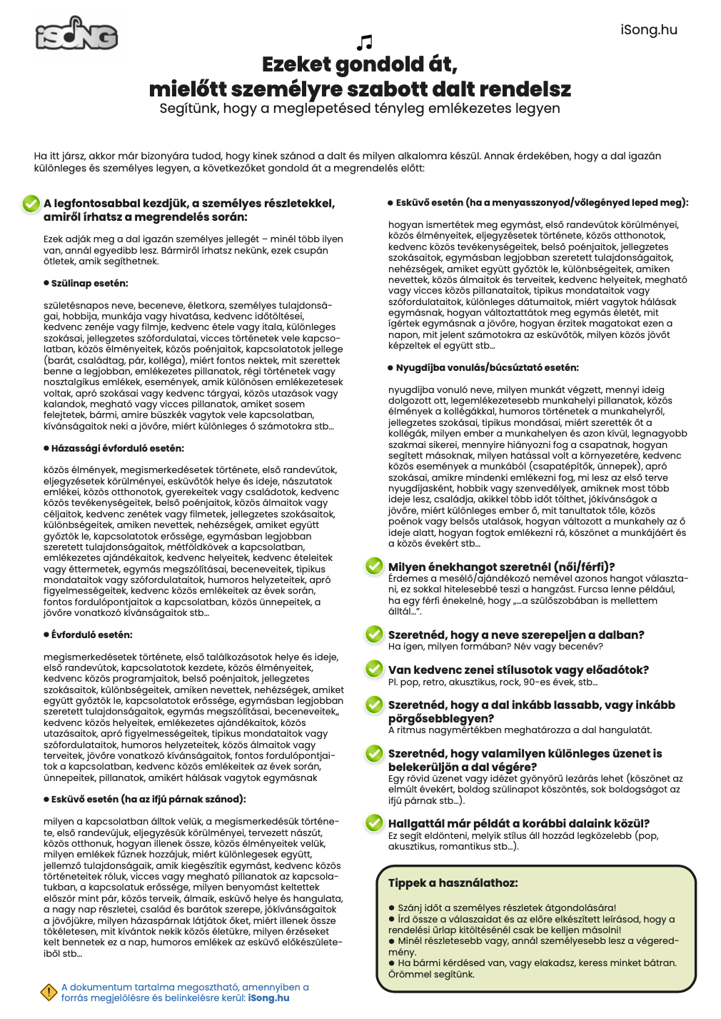 Személyre szóló dal -checklist - isong