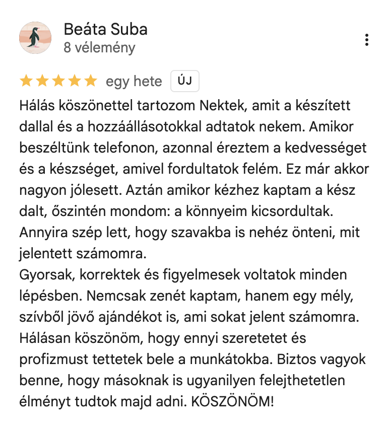 Egyedi ajándék - személyre szabott dalok - review 1 Egyedi ajándék - személyre szabott dalok - review 1